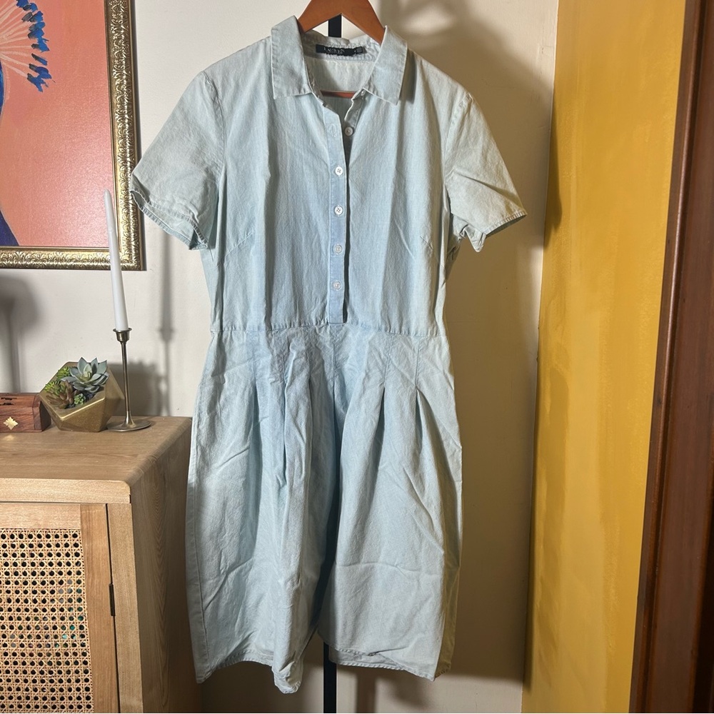Lauren Ralph‎ Lauren Denim Button Up Dress Light Blue 100% Cotton $139 Size 14